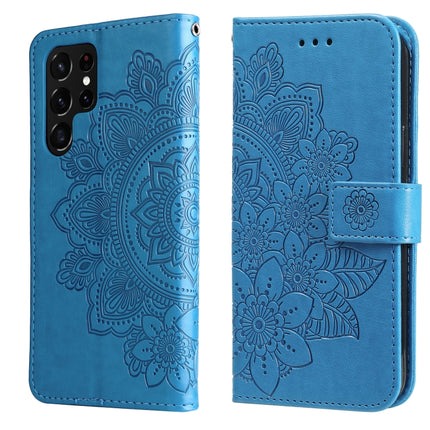 Samsung Galaxy S22 UItra 5G 7-petal Flowers Embossed Flip Leather Phone Case with Holder & Card Slots(Blue)-garmade.com