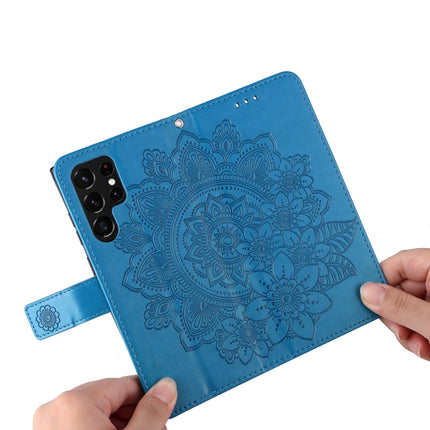 Samsung Galaxy S22 UItra 5G 7-petal Flowers Embossed Flip Leather Phone Case with Holder & Card Slots(Blue)-garmade.com