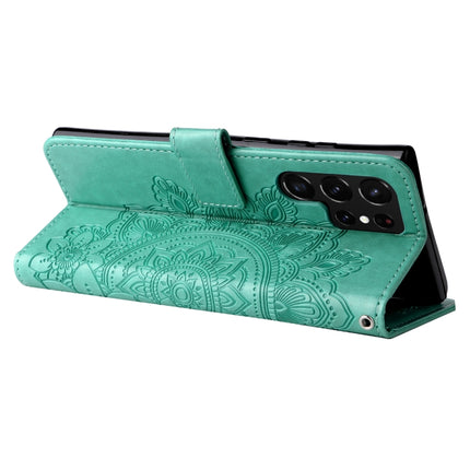 Samsung Galaxy S22 UItra 5G 7-petal Flowers Embossed Flip Leather Phone Case with Holder & Card Slots(Green)-garmade.com