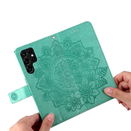 Samsung Galaxy S22 UItra 5G 7-petal Flowers Embossed Flip Leather Phone Case with Holder & Card Slots(Green)-garmade.com