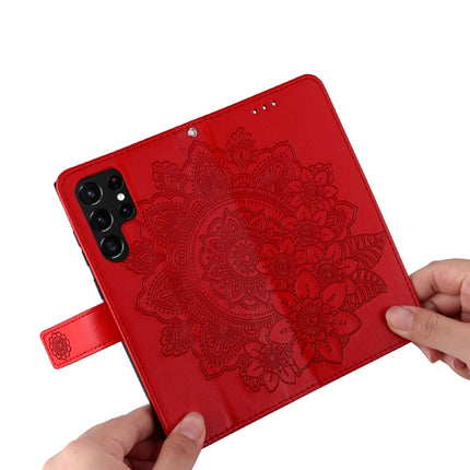 Samsung Galaxy S22 UItra 5G 7-petal Flowers Embossed Flip Leather Phone Case with Holder & Card Slots(Red)-garmade.com