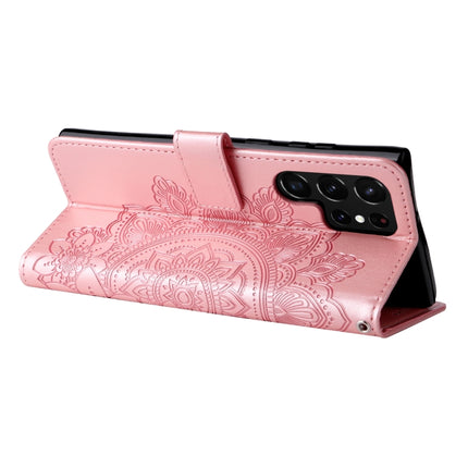 Samsung Galaxy S22 UItra 5G 7-petal Flowers Embossed Flip Leather Phone Case with Holder & Card Slots(Rose Gold)-garmade.com