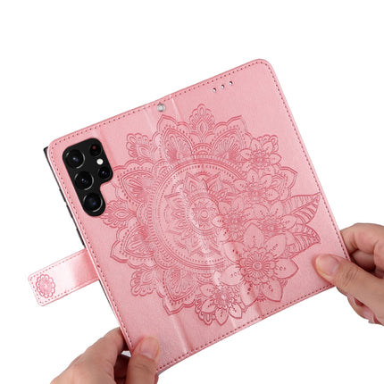 Samsung Galaxy S22 UItra 5G 7-petal Flowers Embossed Flip Leather Phone Case with Holder & Card Slots(Rose Gold)-garmade.com
