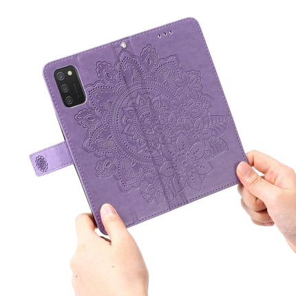For Samsung Galaxy A03s (164.2mm) 7-petal Flowers Embossed Flip Leather Phone Case with Holder & Card Slots(Light Purple)-garmade.com