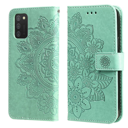 For Samsung Galaxy A03s (164.2mm) 7-petal Flowers Embossed Flip Leather Phone Case with Holder & Card Slots(Green)-garmade.com