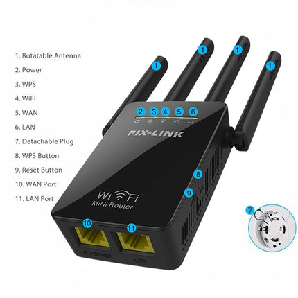 Wireless Smart WiFi Router Repeater with 4 WiFi Antennas, Plug Specification:US Plug(Black)-garmade.com
