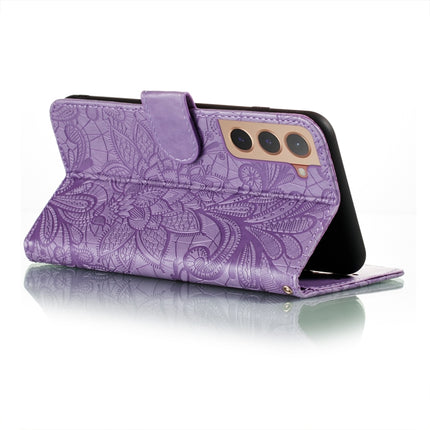For Samsung Galaxy S22+ 5G Lace Flower Leather Phone Case with Holder & Card Slots & Wallet & Photo Frame(Purple)-garmade.com
