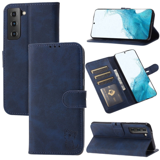 For Samsung Galaxy S22+ 5G Embossed Happy Cat Pattern Horizontal Flip Leather Phone Case(Blue)-garmade.com