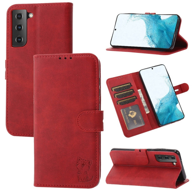 For Samsung Galaxy S22+ 5G Embossed Happy Cat Pattern Horizontal Flip Leather Phone Case(Red)-garmade.com