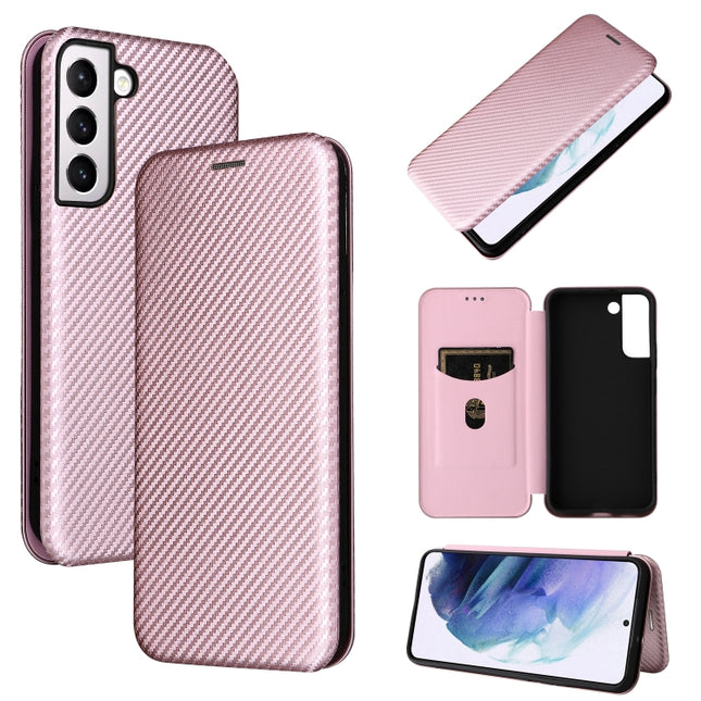 For Samsung Galaxy S22+ Carbon Fiber Texture Horizontal Flip Leather Phone Case(Pink)-garmade.com