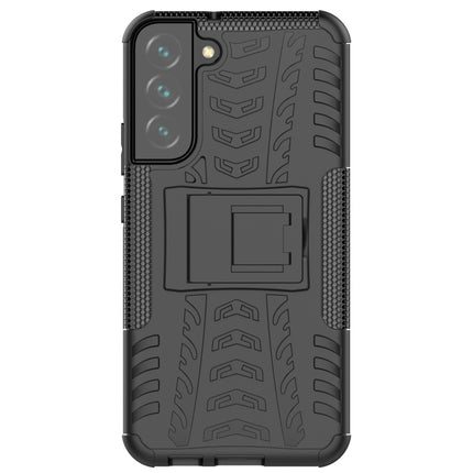 For Samsung Galaxy S22+ 5G Tire Texture Shockproof TPU+PC Phone Case with Holder(Black)-garmade.com