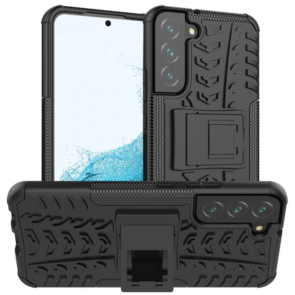 For Samsung Galaxy S22+ 5G Tire Texture Shockproof TPU+PC Phone Case with Holder(Black)-garmade.com