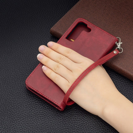 For Samsung Galaxy S22+ 5G Retro Lambskin Texture Pure Color Horizontal Flip Leather Phone Case with Holder & Card Slots & Wallet & Lanyard(Red)-garmade.com