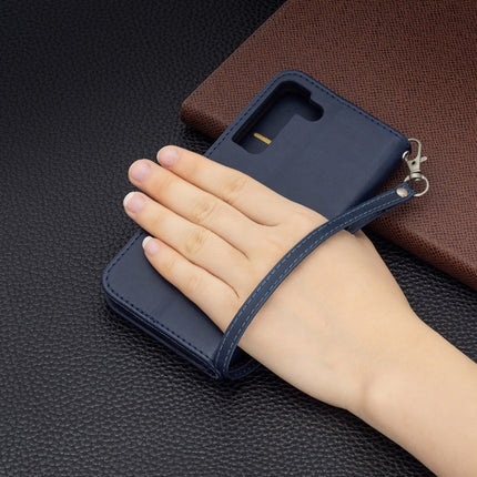 For Samsung Galaxy S22 5G Retro Lambskin Texture Pure Color Horizontal Flip Leather Phone Case with Holder & Card Slots & Wallet & Lanyard(Blue)-garmade.com