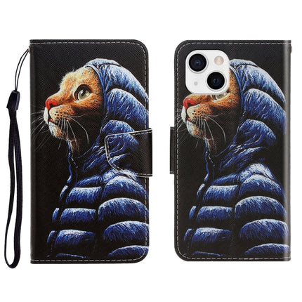 3D Colored Drawing Horizontal Flip Leather Phone Case For iPhone 13 mini(Down Jacket Cat)-garmade.com