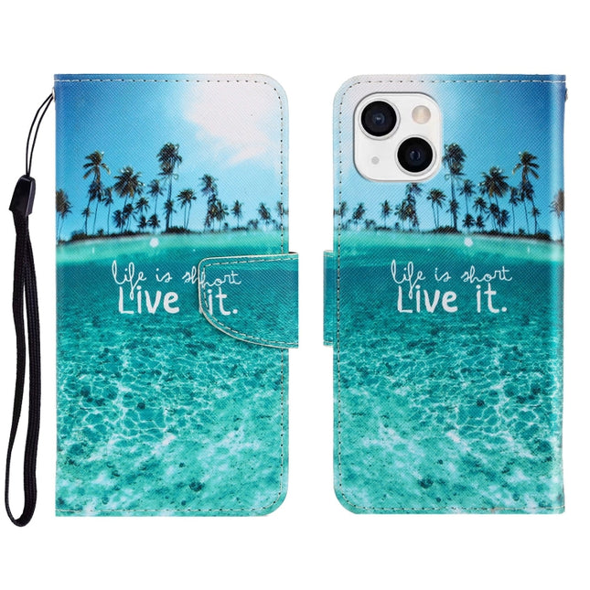3D Colored Drawing Horizontal Flip Leather Phone Case For iPhone 13(Coconut Tree)-garmade.com
