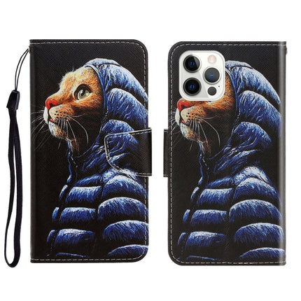 3D Colored Drawing Horizontal Flip Leather Phone Case For iPhone 13 Pro(Down Jacket Cat)-garmade.com