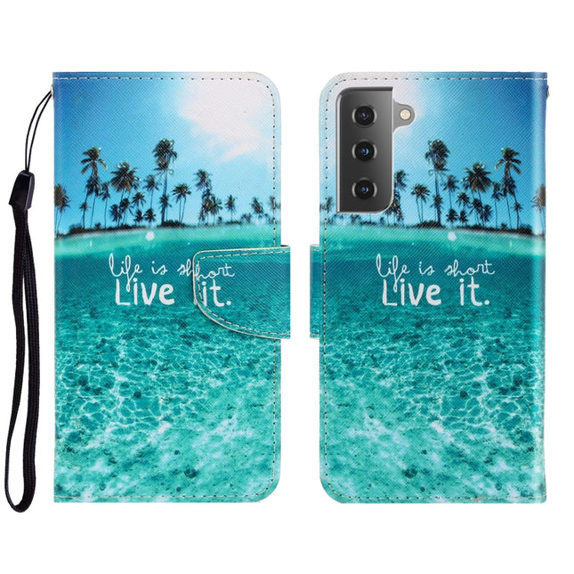 For Samsung Galaxy S22 5G 3D Colored Drawing Horizontal Flip Leather Phone Case(Coconut Tree)-garmade.com