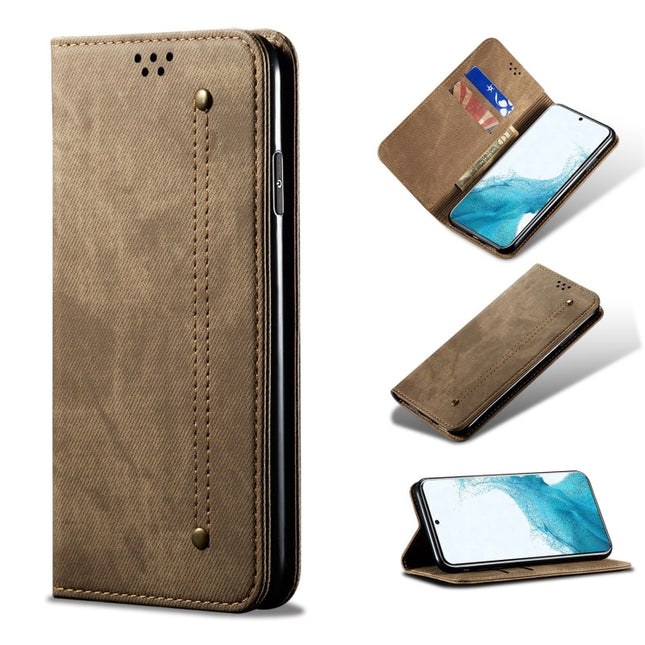 For Samsung Galaxy S22+ 5G Denim Texture Casual Style Horizontal Flip Leather Case with Holder & Card Slots & Wallet(Khaki)-garmade.com