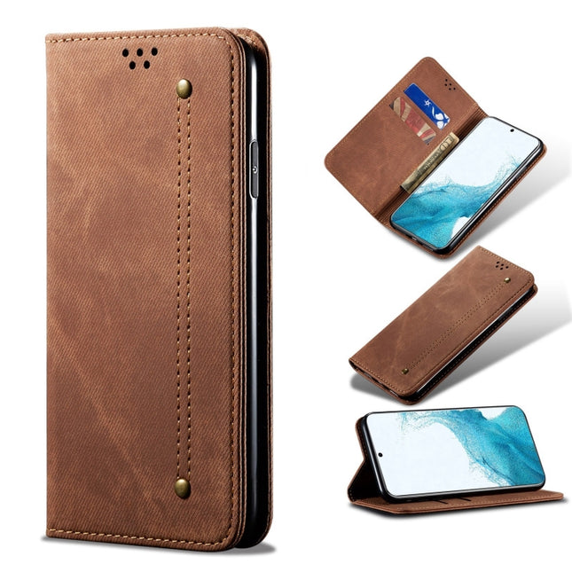 For Samsung Galaxy S22+ 5G Denim Texture Casual Style Horizontal Flip Leather Case with Holder & Card Slots & Wallet(Brown)-garmade.com