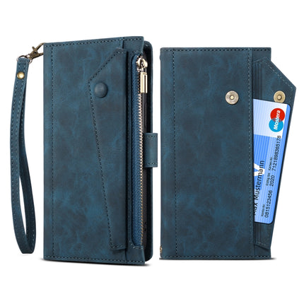 For Samsung Galaxy S22 5G Retro Frosted Horizontal Flip Leather Phone Case with Holder & Card Slot & Wallet & Zipper Pocket & Lanyard(Blue)-garmade.com