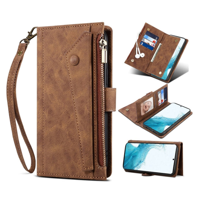For Samsung Galaxy S22+ 5G Retro Frosted Horizontal Flip Leather Phone Case with Holder & Card Slot & Wallet & Zipper Pocket & Lanyard(Brown)-garmade.com