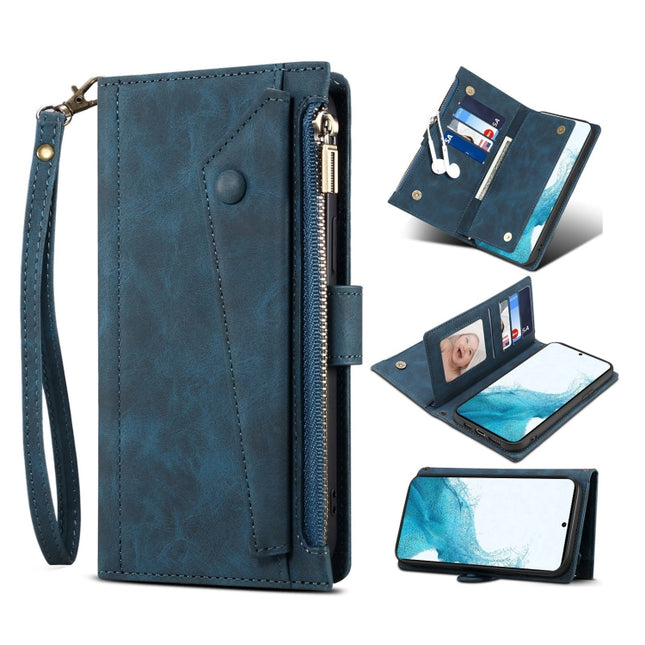 For Samsung Galaxy S22+ 5G Retro Frosted Horizontal Flip Leather Phone Case with Holder & Card Slot & Wallet & Zipper Pocket & Lanyard(Blue)-garmade.com