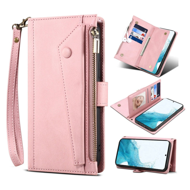 For Samsung Galaxy S22+ 5G Retro Frosted Horizontal Flip Leather Phone Case with Holder & Card Slot & Wallet & Zipper Pocket & Lanyard(Rose Gold)-garmade.com