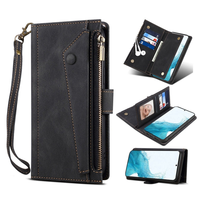 For Samsung Galaxy S22+ 5G Retro Frosted Horizontal Flip Leather Phone Case with Holder & Card Slot & Wallet & Zipper Pocket & Lanyard(Black)-garmade.com