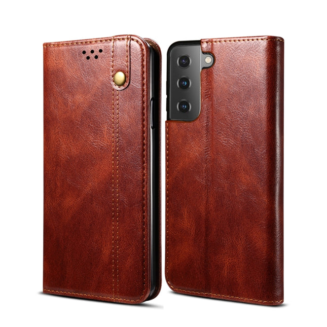 For Samsung Galaxy S22 5G Simple Wax Crazy Horse Texture Horizontal Flip Leather Phone Case with Card Slots & Holder(Brown)-garmade.com