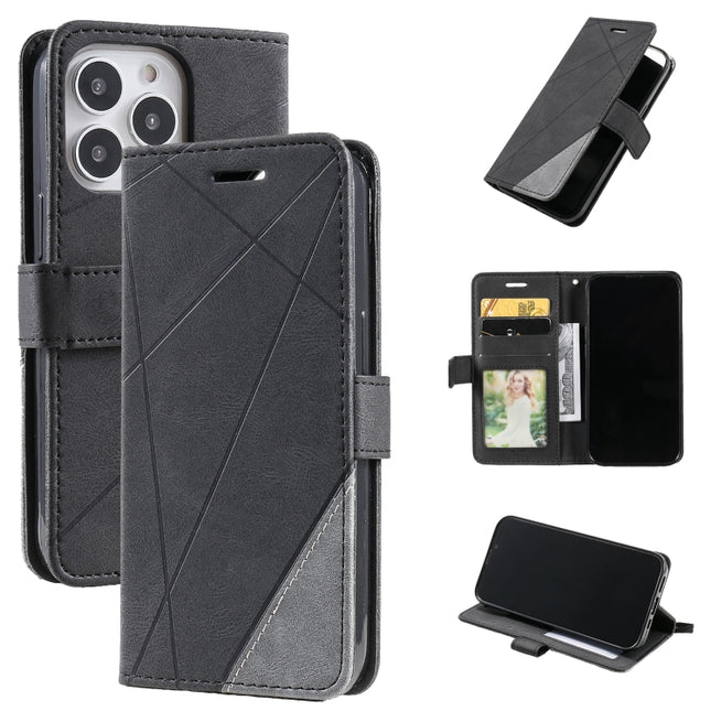 Skin Feel Splicing Horizontal Flip Leather Phone Case For iPhone 13 Pro(Black)-garmade.com