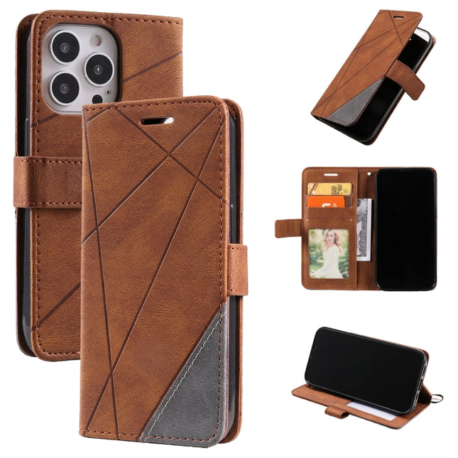 Skin Feel Splicing Horizontal Flip Leather Phone Case For iPhone 13 Pro(Brown)-garmade.com