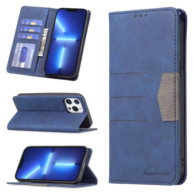 Magnetic Splicing Leather Phone Case For iPhone 13 Pro(Blue)-garmade.com