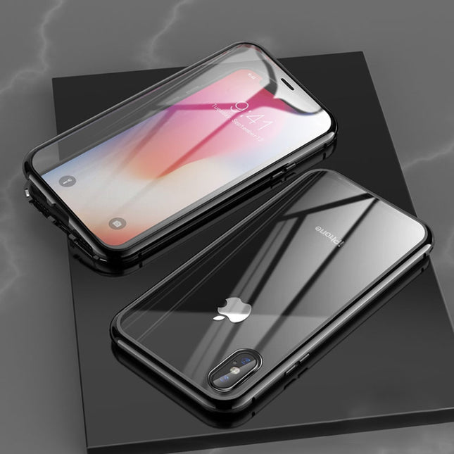 For iPhone XR Ultra Slim Double Sides Magnetic Adsorption Angular Frame Tempered Glass Magnet Flip Case(Black)-garmade.com