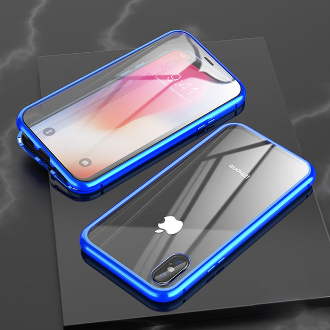 For iPhone XR Ultra Slim Double Sides Magnetic Adsorption Angular Frame Tempered Glass Magnet Flip Case(Blue)-garmade.com