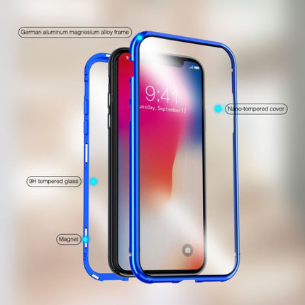 For iPhone XR Ultra Slim Double Sides Magnetic Adsorption Angular Frame Tempered Glass Magnet Flip Case(Blue)-garmade.com