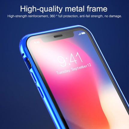 For iPhone XR Ultra Slim Double Sides Magnetic Adsorption Angular Frame Tempered Glass Magnet Flip Case(Blue)-garmade.com