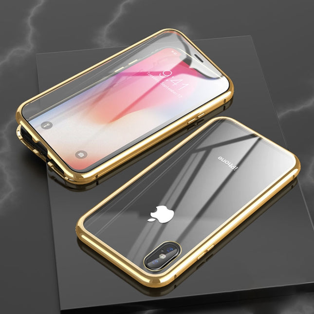 For iPhone XR Ultra Slim Double Sides Magnetic Adsorption Angular Frame Tempered Glass Magnet Flip Case(Gold)-garmade.com