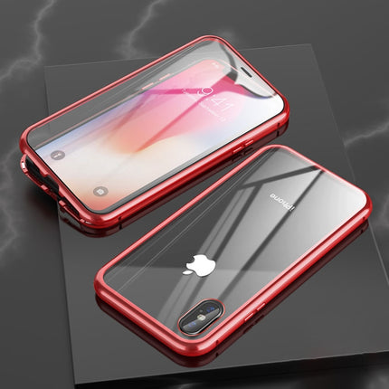 For iPhone XR Ultra Slim Double Sides Magnetic Adsorption Angular Frame Tempered Glass Magnet Flip Case(Red)-garmade.com