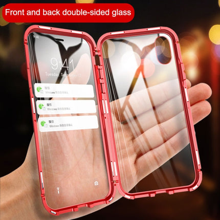 For iPhone XR Ultra Slim Double Sides Magnetic Adsorption Angular Frame Tempered Glass Magnet Flip Case(Red)-garmade.com