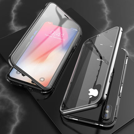 For iPhone XS Max Ultra Slim Double Sides Magnetic Adsorption Angular Frame Tempered Glass Magnet Flip Case(Black)-garmade.com
