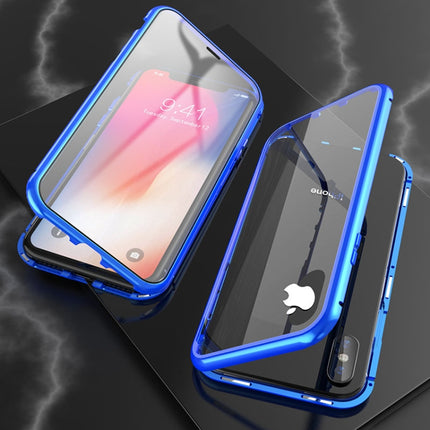 For iPhone XS Max Ultra Slim Double Sides Magnetic Adsorption Angular Frame Tempered Glass Magnet Flip Case(Blue)-garmade.com
