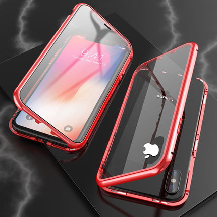 For iPhone XS Max Ultra Slim Double Sides Magnetic Adsorption Angular Frame Tempered Glass Magnet Flip Case(Red)-garmade.com