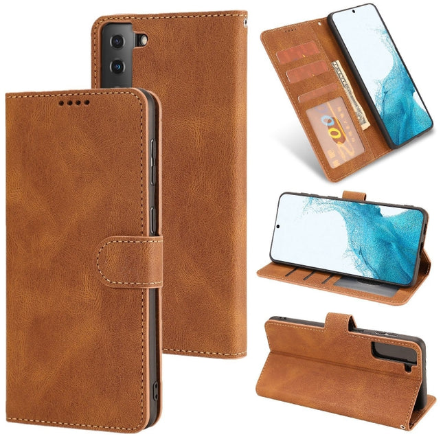 For Samsung Galaxy S22+ 5G Fantasy Classic Skin-feel Calfskin Texture Magnetic Buckle Horizontal Flip PU Phone Leather Case with Holder & Card Slot & Wallet(Brown)-garmade.com