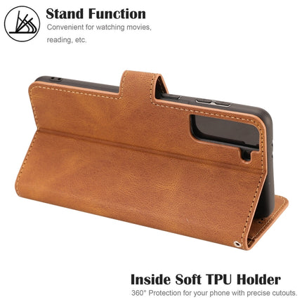 For Samsung Galaxy S22 5G Fantasy Classic Skin-feel Calfskin Texture Magnetic Buckle Horizontal Flip PU Phone Leather Case with Holder & Card Slot & Wallet(Brown)-garmade.com