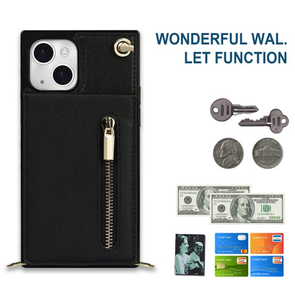 Cross-body Zipper Square Phone Case with Holder For iPhone 13 mini(Black)-garmade.com