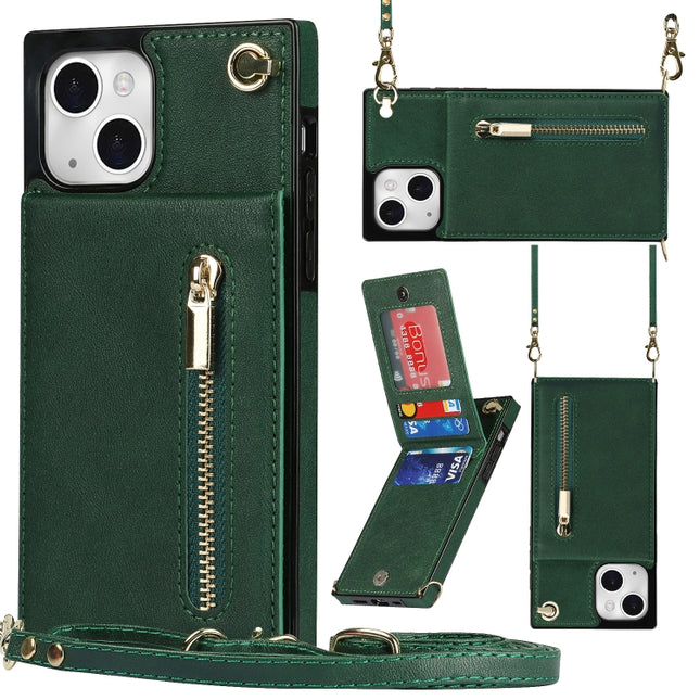 Cross-body Zipper Square Phone Case with Holder For iPhone 13(Green)-garmade.com