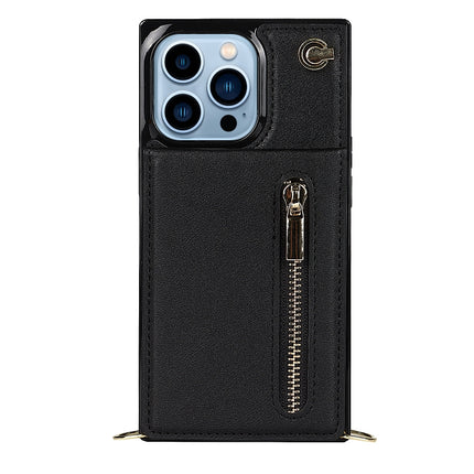 Cross-body Zipper Square Phone Case with Holder For iPhone 13 Pro(Black)-garmade.com