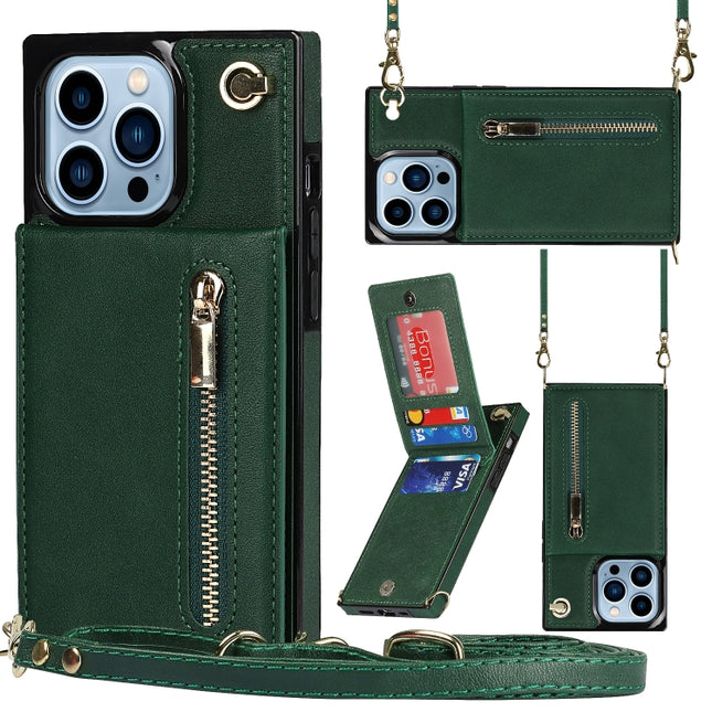 Cross-body Zipper Square Phone Case with Holder For iPhone 13 Pro(Green)-garmade.com