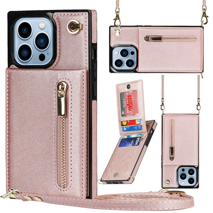 Cross-body Zipper Square Phone Case with Holder For iPhone 13 Pro(Rose Gold)-garmade.com